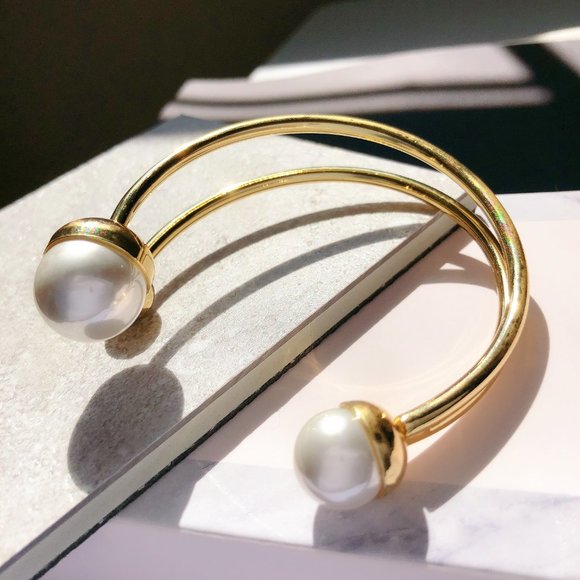 Gold Asymmetry Layered Pearl Bangle and Ring Set - Picture 2 of 6